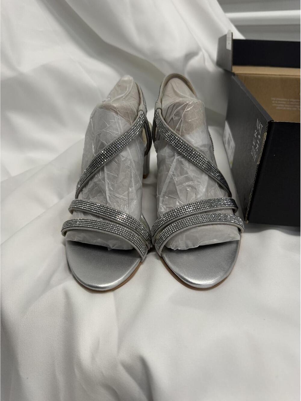 Silver Strappy Heeled Sandals with Rhinestone Detail Size 7